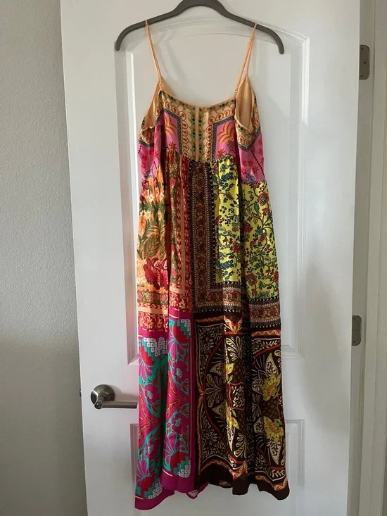 🩷💫FARM RIO DRESS💚✨🩵 Multicolor Patchwork Midi Dress with Spaghetti Straps💛 - Picture 8 of 12